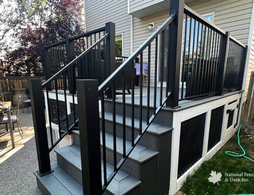 Trex Clam Shell Deck with PVC Lattice Skirting and Custom 4″x4″ Post Railings